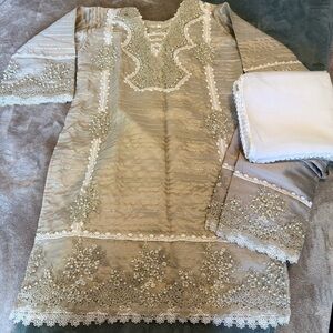 Salwar Kameez in Elegant Beige with White Lace and Pearl Accents